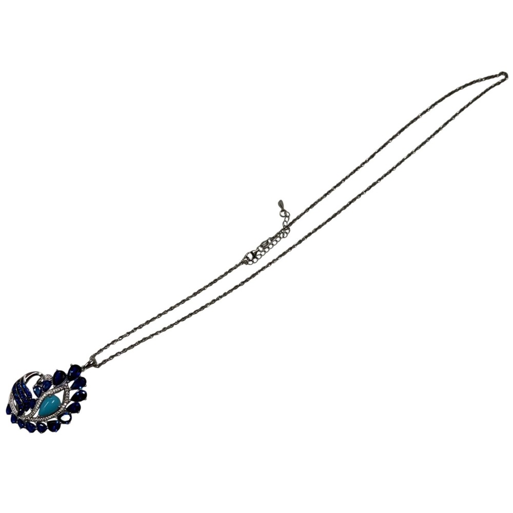 Sterling Silver 925 Peacock Pendant Necklace Blue Stones Turquoise Accent 18in